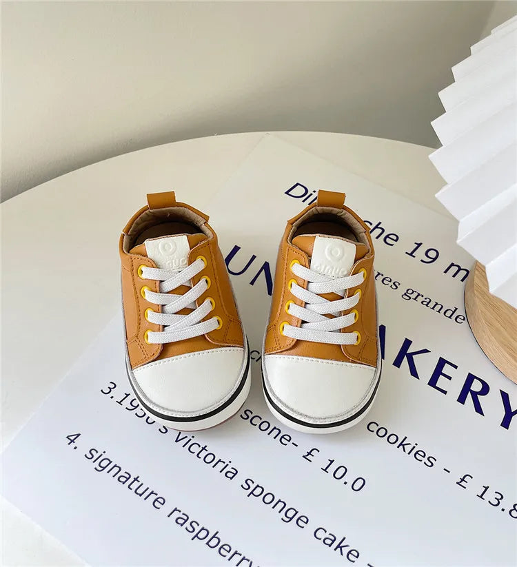 Toddler Colorful Eyelet Sneakers with Lace-Up Front and Contrast Sole Stripe, Beige or Yellow Baby Boys and Girls Casual Spring and Fall Shoes