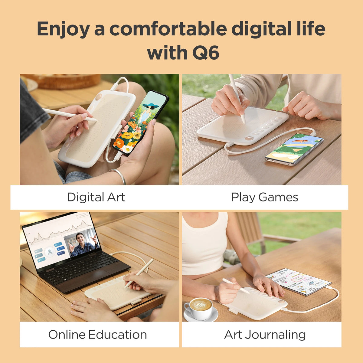 Compact Graphics Tablet UGEE Q6, 6-Inch Drawing Pad with Battery-Free Stylus, 8192 Pressure Levels, 60 Degree Tilt and 6 Shortcut Keys