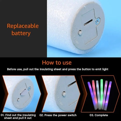 Bulk RGB LED Glow Sticks, 100-Pack Light-Up Foam Cheer Tubes with 3 Flashing Modes and Included Batteries for Weddings, Birthdays and Christmas Parties