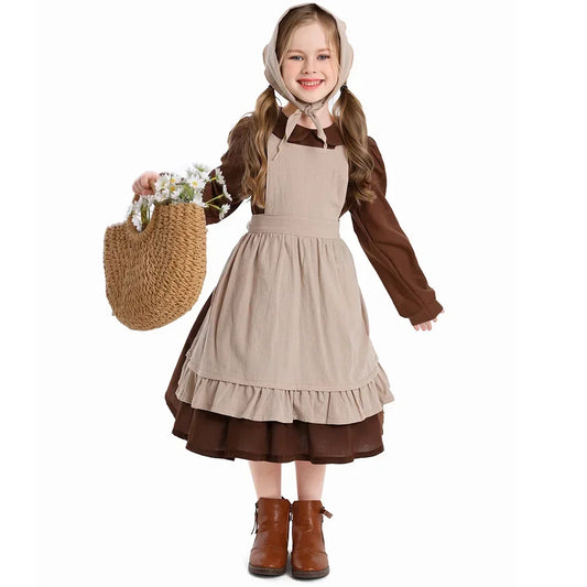 Girls Pioneer Prairie Costume Dress with Apron and Bonnet Options for Colonial School Plays, Historical Dress-Up and Halloween Events