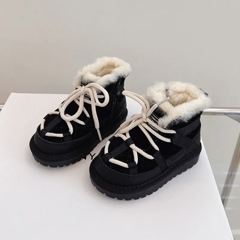Plush-Lined Toddler Ankle Boots with Lace-Up Front and Side Zipper, Camel or Black Winter Shoes for Boys and Girls, Sizes 18-30