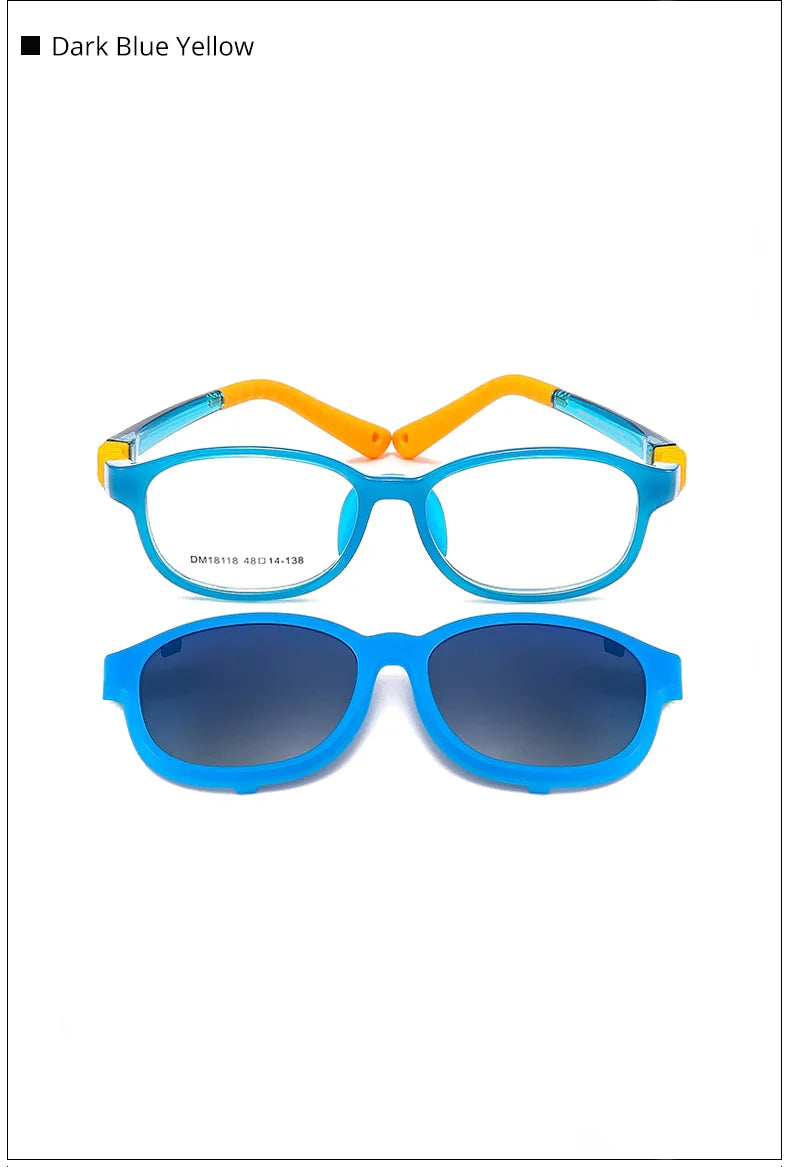 Children's 2-in-1 Sunglasses with Flexible Eyeglass Frame and Removable Sun Clip, Colorful Kids Shades for Summer Outings and Family Travel