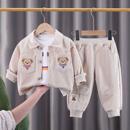 Toddler Bear Pocket Outfit Set, Two-Piece Button-Front Collared Jacket and Matching Pants for Boys and Girls, Blue or Khaki, 12-18M to 5T