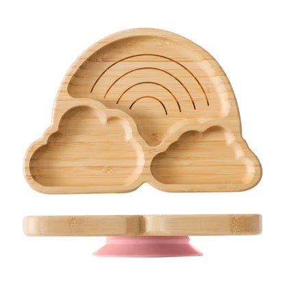 Bamboo Baby Suction Bowl and Tableware Options, Sun, Cloud and Dinosaur Designs with Single-Piece or 3-Piece Wooden-Handle Utensil Sets