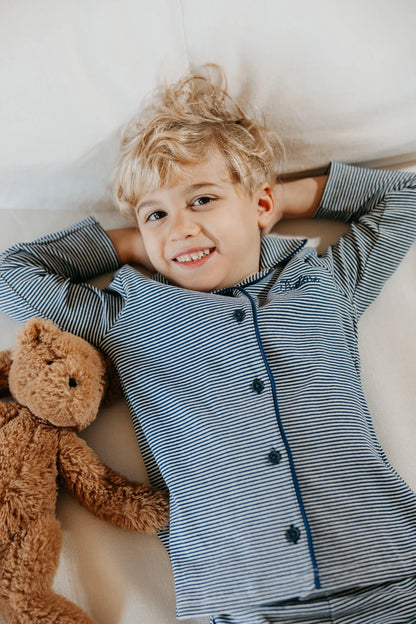 Striped Cotton Kids Matching Outfits with Collared Button Front, Blue and Red Two-Piece Styles, Baby Footie and Dress Options for Sibling Photos