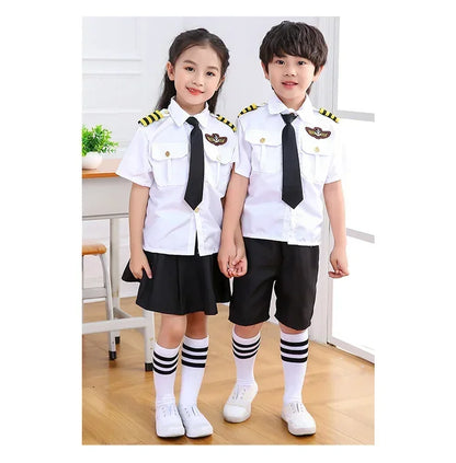 Kids Pilot Costume for Boys and Girls, Airline Captain Uniform-Style Outfit with Short Sleeve Shirt Styling for Career Day and Halloween