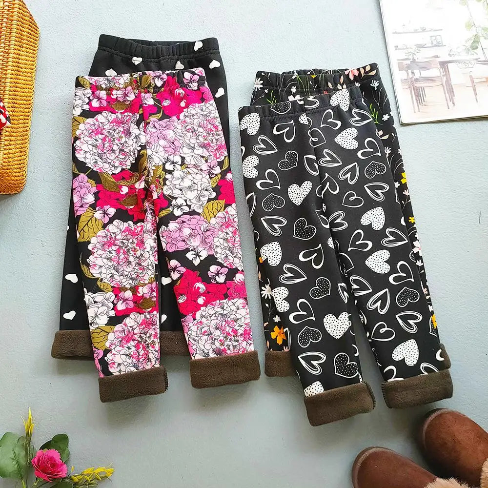 Printed Lined Leggings for Girls, Plush-Textured Winter Pants with Floral Heart and Pattern Options for Toddler and Kids Outfits, Sizes 2-3T to 10-11