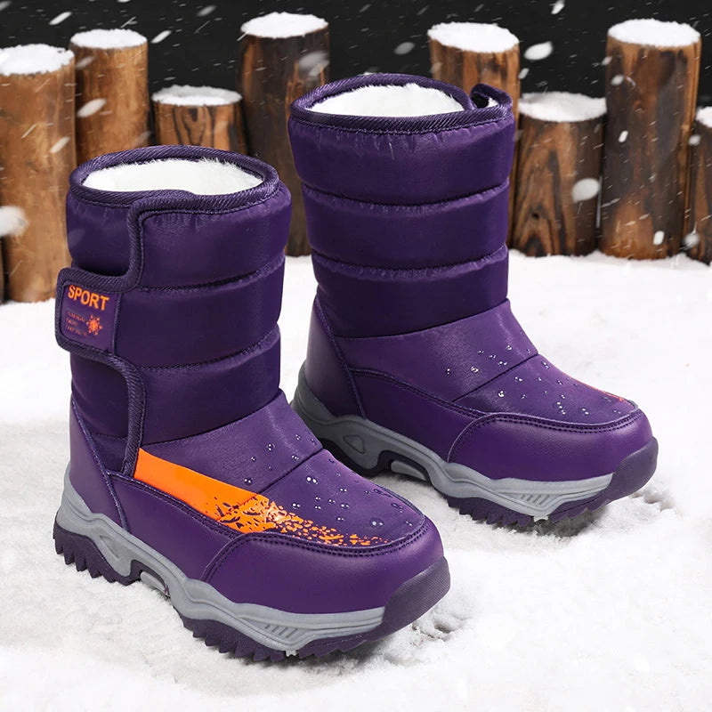 Kids Plush-Lined Winter Boots with Padded Shafts and Front Flap Closures, Pink or Purple Snow-Style Footwear for Boys and Girls