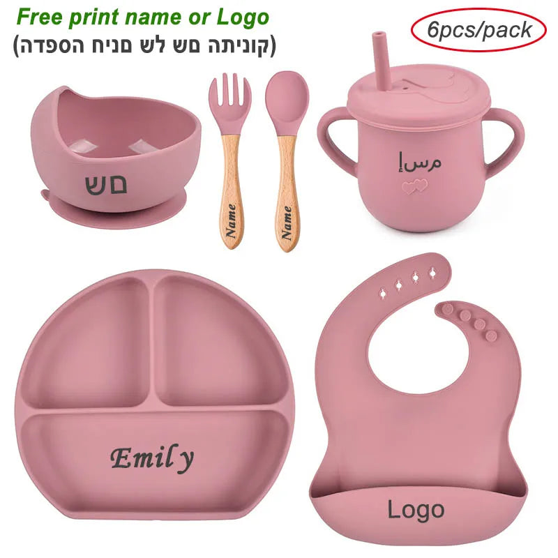 Personalized Baby Feeding Set with Silicone Suction Plate, Bowl, Spoon and Fork, 4-Piece or 6-Piece Tableware Options for Supervised Mealtimes