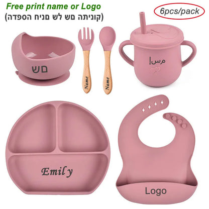 Personalized Baby Feeding Set with Silicone Suction Plate, Bowl, Spoon and Fork, 4-Piece or 6-Piece Tableware Options for Supervised Mealtimes