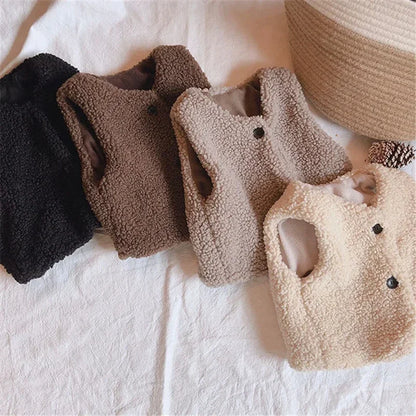 Toddler Faux Fur Vest with V-Neck and Button Front, Plush Sleeveless Waistcoat for Boys and Girls Ages 1-6, Fall and Winter Layering