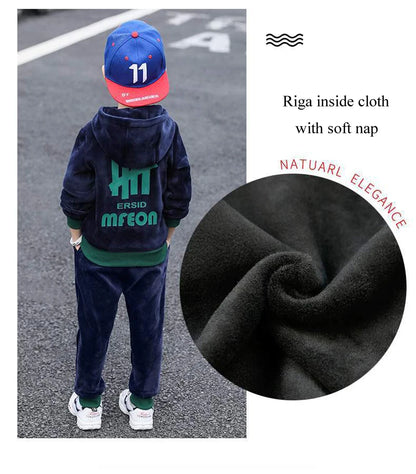 Boys Winter Tracksuit Set with Velvet-Texture Zip-Up Hooded Jacket and Matching Pants, 2-Piece Polyester Outfit for Ages 3-10