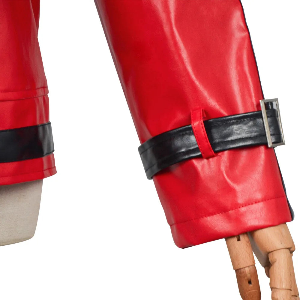 Red Thriller-Style Costume Jacket with Black Contrast Panels, Stand Collar and Cuff Straps for Pop-Inspired Cosplay, Halloween and Stage Performances