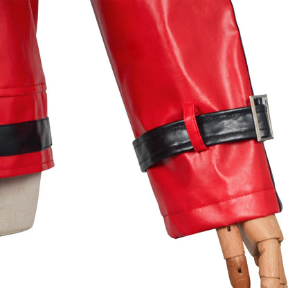 Red Thriller-Style Costume Jacket with Black Contrast Panels, Stand Collar and Cuff Straps for Pop-Inspired Cosplay, Halloween and Stage Performances