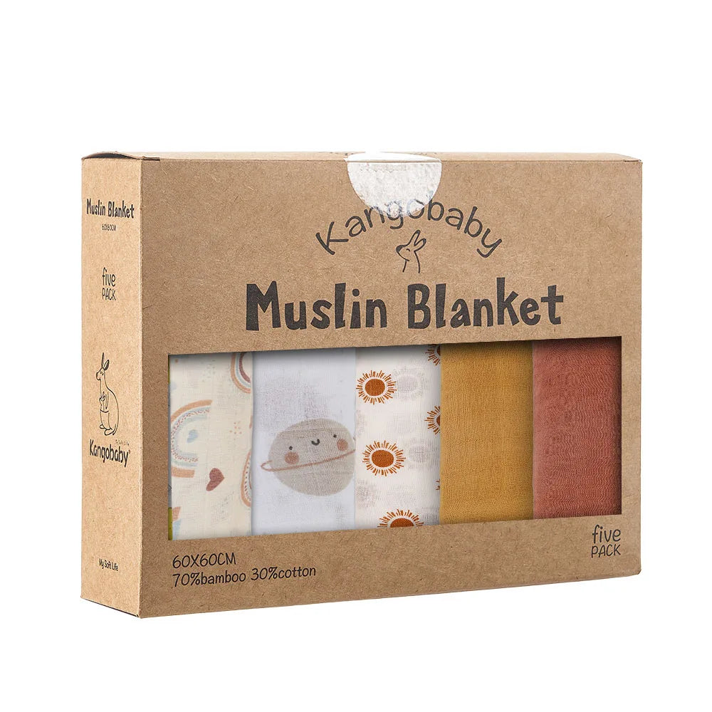 Bamboo Cotton Muslin Blanket Set, 5-Pack 60 x 60 cm Baby Cloths for Burping, Everyday Feeding Cleanup and Baby Shower Gifts by Kangobaby