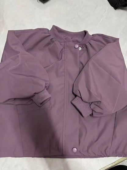 Kids Oversized Bomber Jacket with Zip Front, Long Sleeves and Slanted Pockets, Beige or Purple Loose Fit Layer for Spring and Fall Outfits