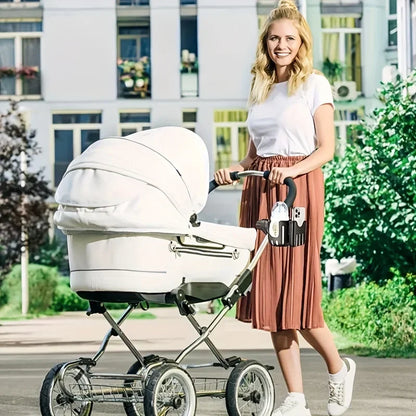 Stroller Beverage and Phone Organizer with Clamp Mount, 2-in-1 Cup and Bottle Holder in Black or Beige for Compatible Stroller and Wheelchair Frames