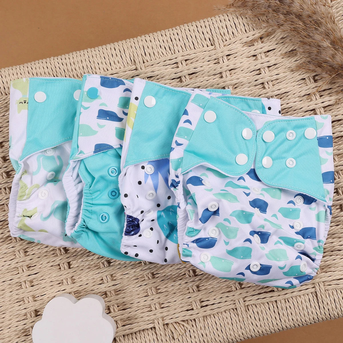 Pocket Cloth Diapers 4-Pack by Happyflute, Reusable Baby Nappies with Printed PUL Outer, Suede Cloth Lining and Snap Closures for 3–15 kg