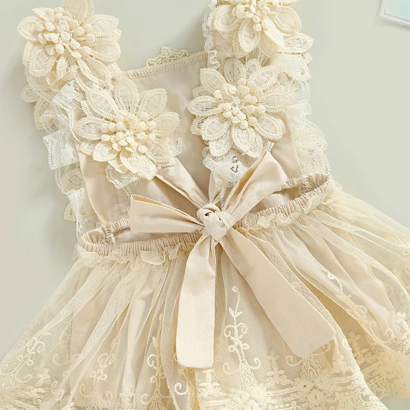 Floral Lace Baby Romper Dress with Matching Headband, Raised Flower Bodice and Sleeveless Square Neck for Parties and Milestone Photos, 0-18 Months