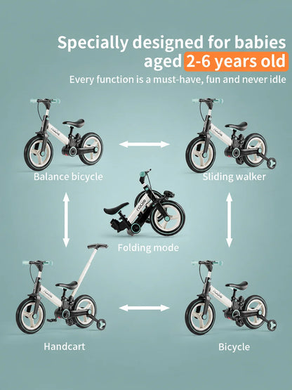 Toddler Balance Bike 4-in-1 with Training Wheels and Parent Push Handle, Lightweight Foldable Kids Bicycle for Boys and Girls Ages 2–6