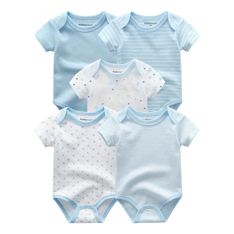 Infant Cotton Bodysuits 5-Pack with Short Sleeves and Envelope Shoulders, Solid Colors and Playful Prints for Baby Boys and Girls, Sizes 3M-12M