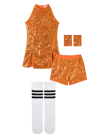 Girls Sequin Jazz Dance Costume with Sleeveless A-Line Dress, Shorts, Socks and Wristbands, Sparkly Hip Hop Stage Outfit for Ages 4-12