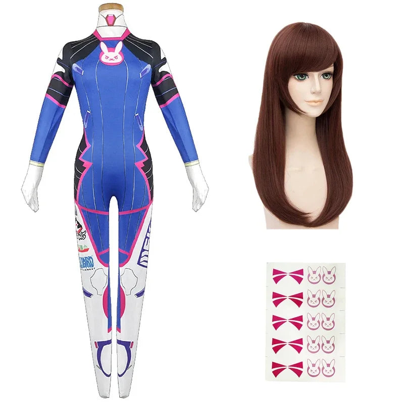 D.va Cosplay Costume and Accessory Options for Women, Blue Character Jumpsuit, Wig, Headset and Prop Selections for Halloween and Conventions
