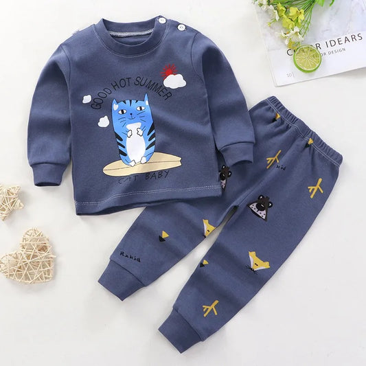Cartoon Toddler Lounge Set with Long Sleeve Top and Matching Pants, Dinosaur and Cat Print Options for Baby Boys and Girls, Sizes 6M–4T