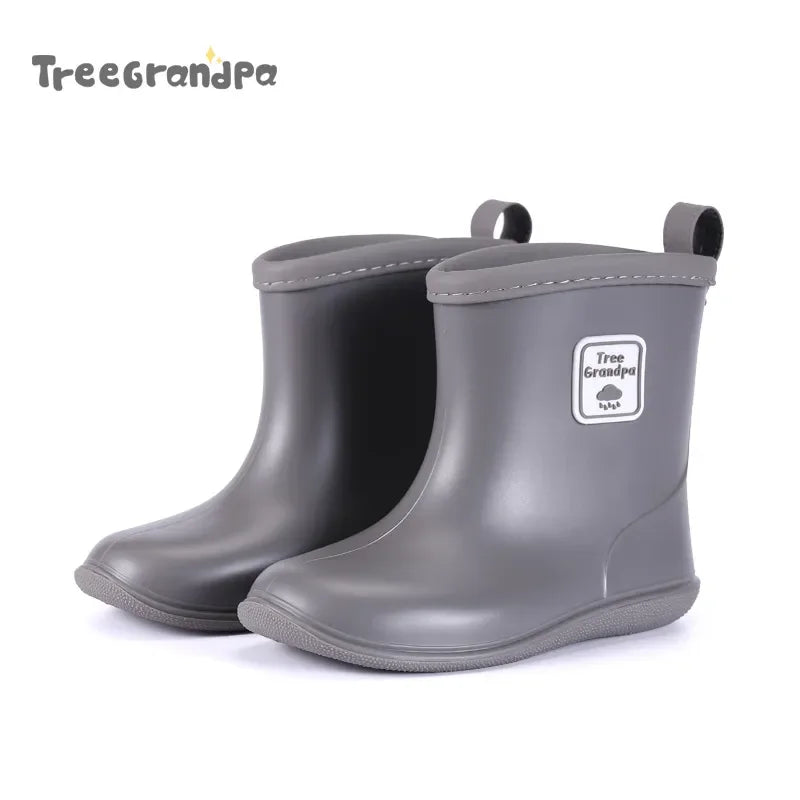 Solid Color Kids Rain Boots in PVC with Rear Pull Tabs, Mid-Calf Pull-On Rainy-Day Shoes for Boys and Girls, Eight Colors and Listed Sizes 5-12