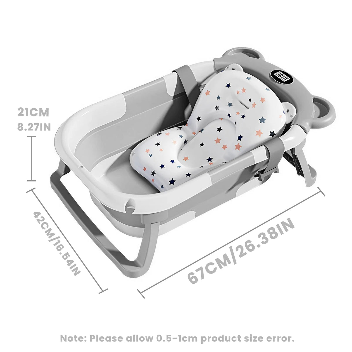 Travel Baby Bathtub with Thermometer and Soft Floating Cushion, Collapsible PP and TPE Bath Tub with Drain Plug for Supervised Infant and Toddler Bathing