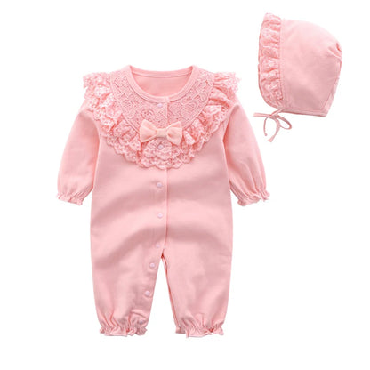 Baby Girl Jumpsuit and Hat Set with Ink-Style Print and Ruffled Yoke, Long Sleeve Cotton Outfit for Spring, Fall and Family Photos, Sizes 59-90