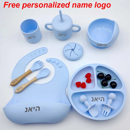 Nine-Piece Personalized Silicone Feeding Set with Suction Bowl, Divided Plate, Pocket Bib, Cups and Utensils for Supervised Baby Mealtimes