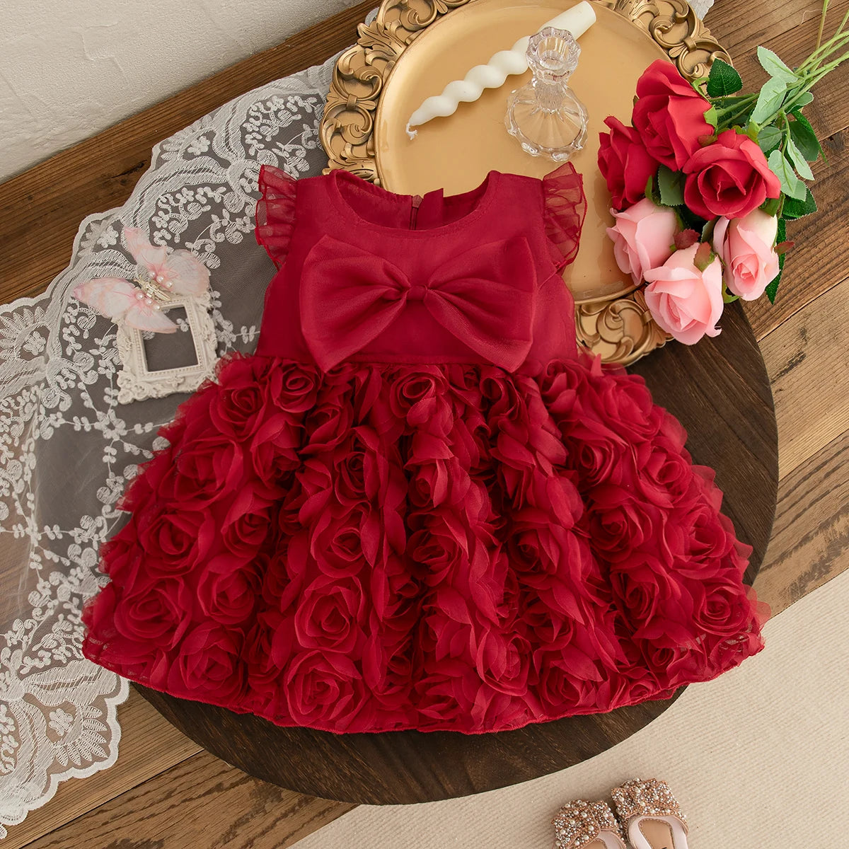 Rosette Baby Girl Party Dress with Large Front Bow and Ruffled Shoulders, Pink or Red Sleeveless Outfit for First Birthdays and Wedding Photos