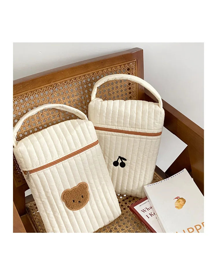 Quilted Diaper Bag with Bear Applique, Beige Cotton Zippered Baby Essentials Organizer with Carry Handle for Moms and Everyday Outings