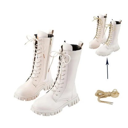 Girls Mid-Calf Lace-Up Boots with Side Zippers, Chunky Lug-Style Soles and Back Pull Tabs, Fall Winter Fashion Footwear in Sizes 27-36