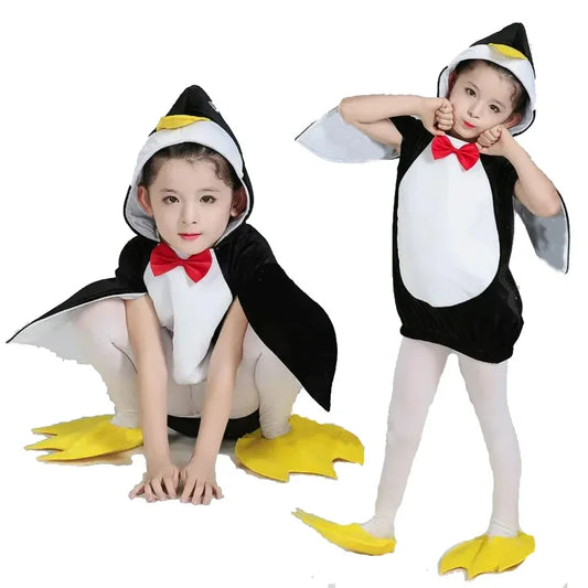 Kids Penguin Costume with Hooded Black-and-White Outfit, Wing-Style Sleeves and Red Bow Detail for Halloween, Birthdays and Animal Dress-Up
