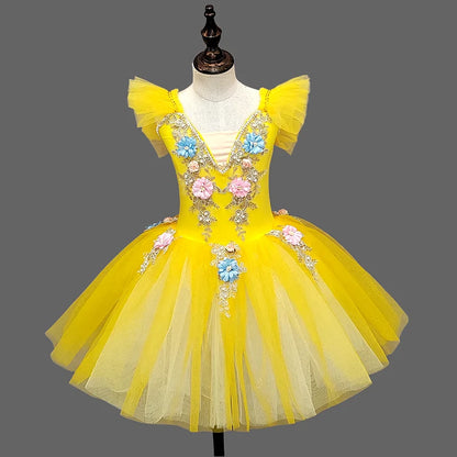 Floral Girls Ballet Tutu Dress with Ruffled Shoulders and Layered Skirt for Dance Recitals, Stage Performances and Group Costumes, Sizes 110-160