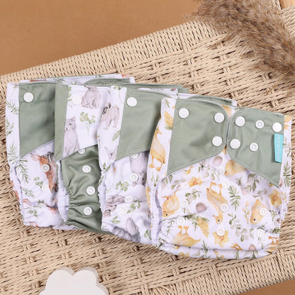 Pocket Cloth Diapers 4-Pack by Happyflute, Reusable Baby Nappies with Printed PUL Outer, Suede Cloth Lining and Snap Closures for 3–15 kg