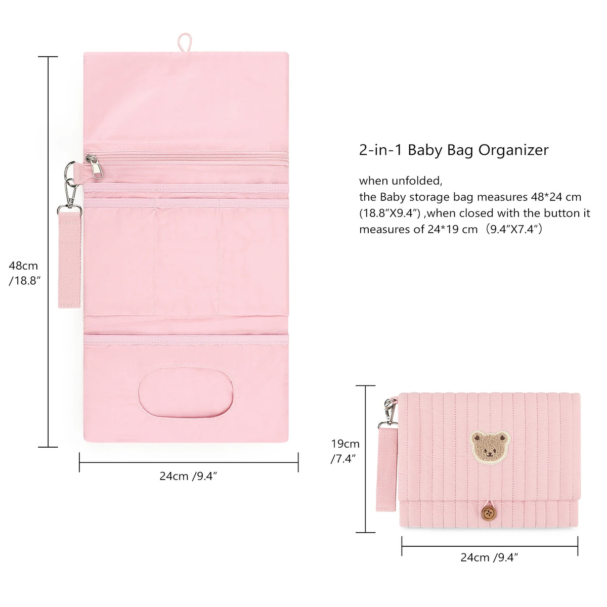 Hanging Diaper Organizer Bag with Foldable Design, Bear Detail and Wrist Strap for Baby Essentials, Everyday Outings and Family Travel