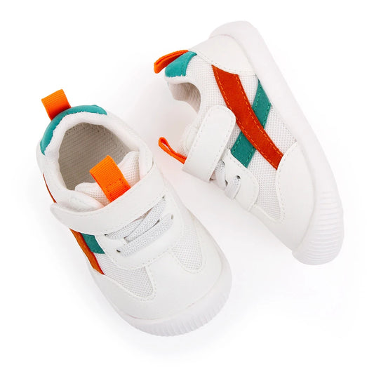Baby Toddler Mesh Sneakers with Colorblock Stripes and Hook-and-Loop Strap, Soft Sole Everyday Shoes for Boys and Girls, Pink Orange or Red