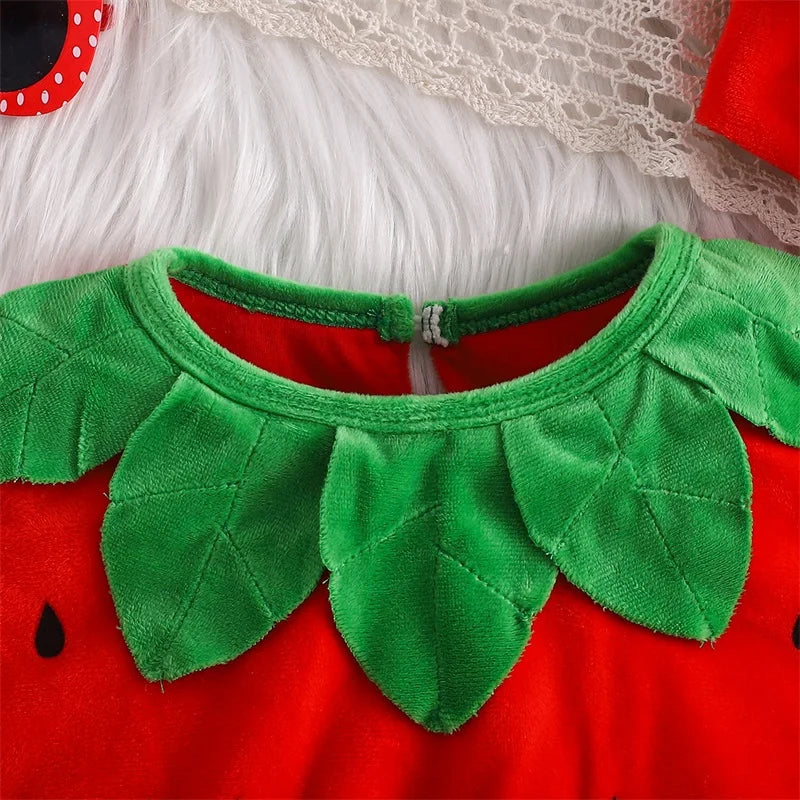 Baby Strawberry Costume with Hat, Red Fruit Romper with Green Leaf Trim for Infant Halloween Dress-Up, Berry-Themed Parties and Photo Sessions