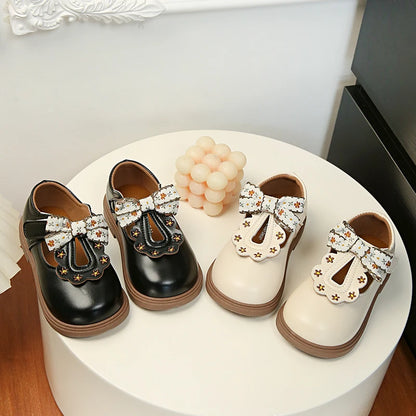Girls Floral Bow T-Strap Shoes with Scalloped Flower Details and Round Toe, Black or Beige Dress Flats for School Outfits, Parties and Photos