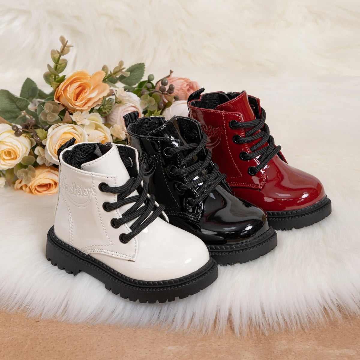 Kids PU Leather Combat Ankle Boots with Lace-Up Front, Side Zipper and Black Chunky Soles, Boys and Girls Fall Winter Shoes in Sizes 21-30
