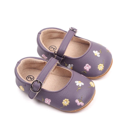 Baby Floral Mary Jane Shoes with Embroidered Flowers, Soft TPR Soles and PU Uppers in Beige Brown or Lavender for Dressy Outfits, Sizes 0-18 Months