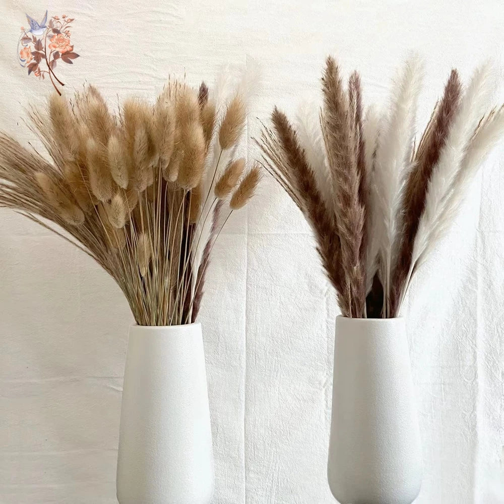 Dried Pampas Grass Bouquet, Natural Decorative Flowers and Bunny Tail Grass for Boho Vase Styling, Home Displays, Weddings and Party Decor