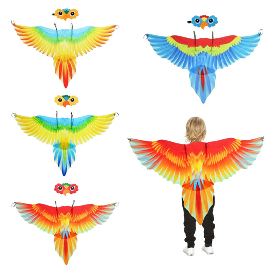 Kids Parrot Wings Costume Set with Headband Mask, Colorful Chiffon Bird Cape for Halloween Dress-Up, Carnival Parties and Stage Performances