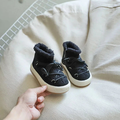 Toddler Plush Panel Lace-Up Boots with Rubber Soles and Cozy Cuffs, Beige, Black or Pink Winter Ankle Shoes for Boys and Girls, 12-15.5 cm Insoles