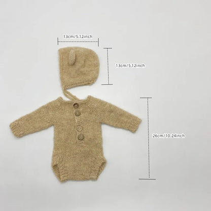 Newborn Bear Photography Outfit with Long Sleeve Knitted Romper and Bear Ear Bonnet, Optional Knit Toy for Baby Boys and Girls Portrait Sessions