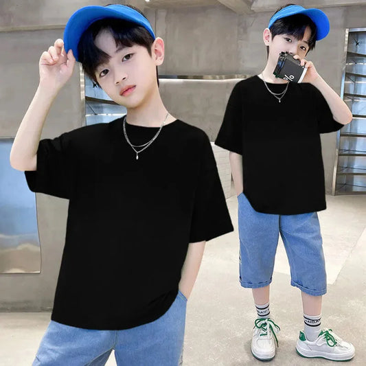 Kids Solid Color Cotton T-Shirt, 180gsm Short Sleeve Crewneck Basic Tee for Boys and Girls in 18 Colors for Summer and Everyday Casual Outfits