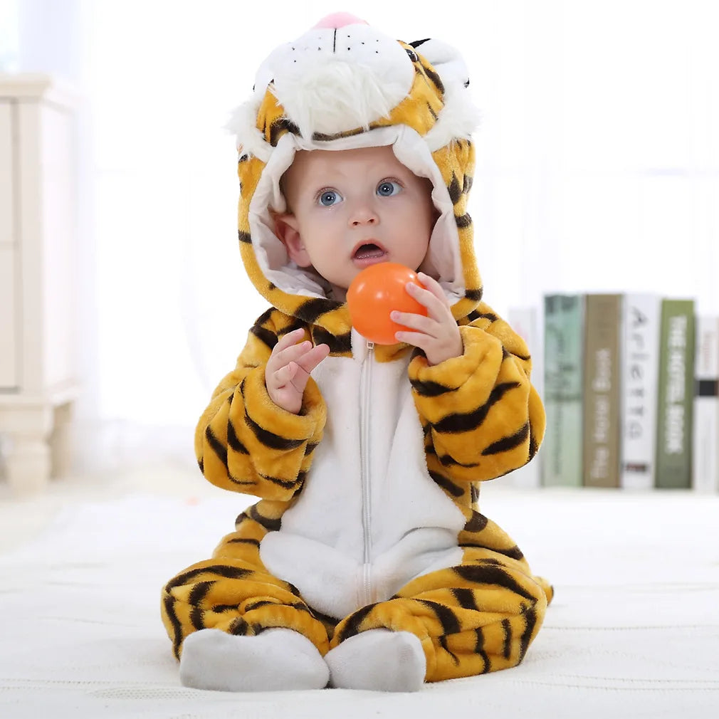 Animal Kigurumi Costume for Babies and Toddlers, Hooded Flannel Jumpsuit with Long Sleeves for Halloween Dress-Up and Family Photos